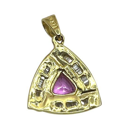 10K Yellow Gold, Pink Stone & Baguette Diamond, Triangular Pendant (15535) - Picture 2 of 5